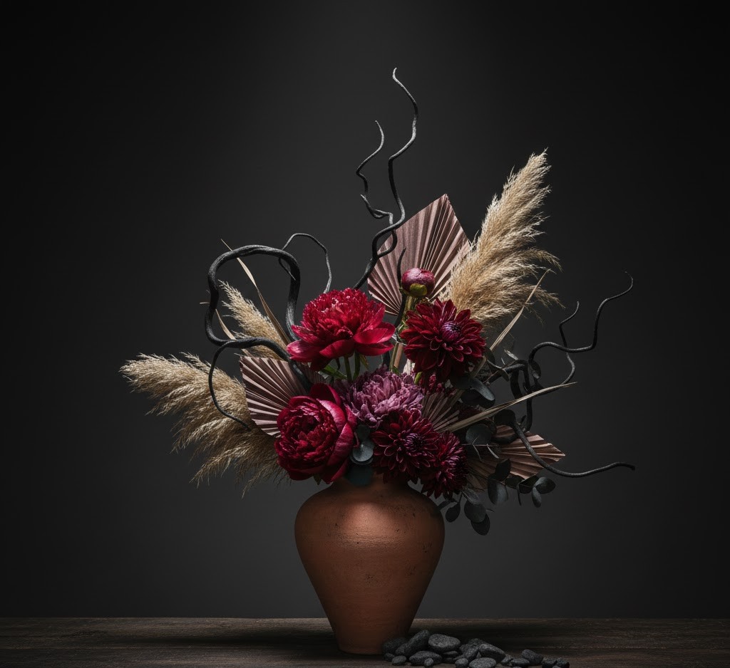 Terracotta vase med blomster